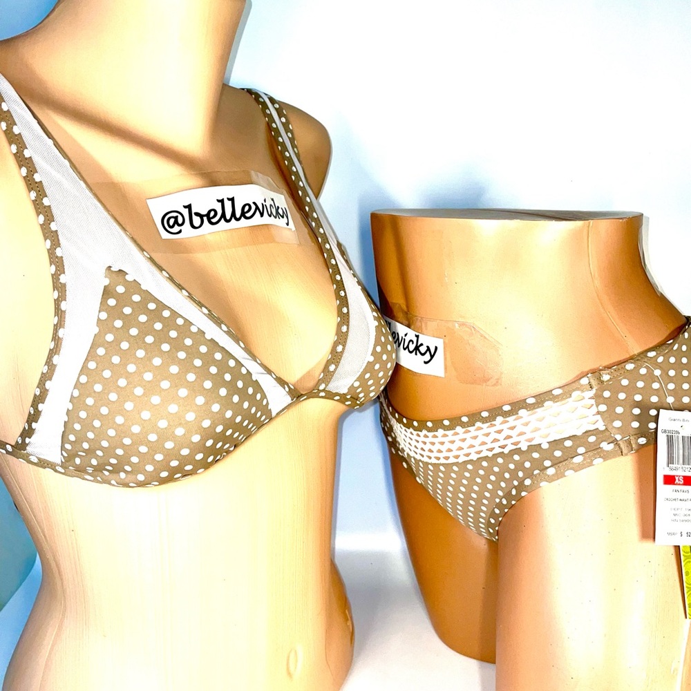 NWT Gianni Bini Mesh Taupe Polka Crochet Bikini Set XS Top S/Bottom XS $112 E87